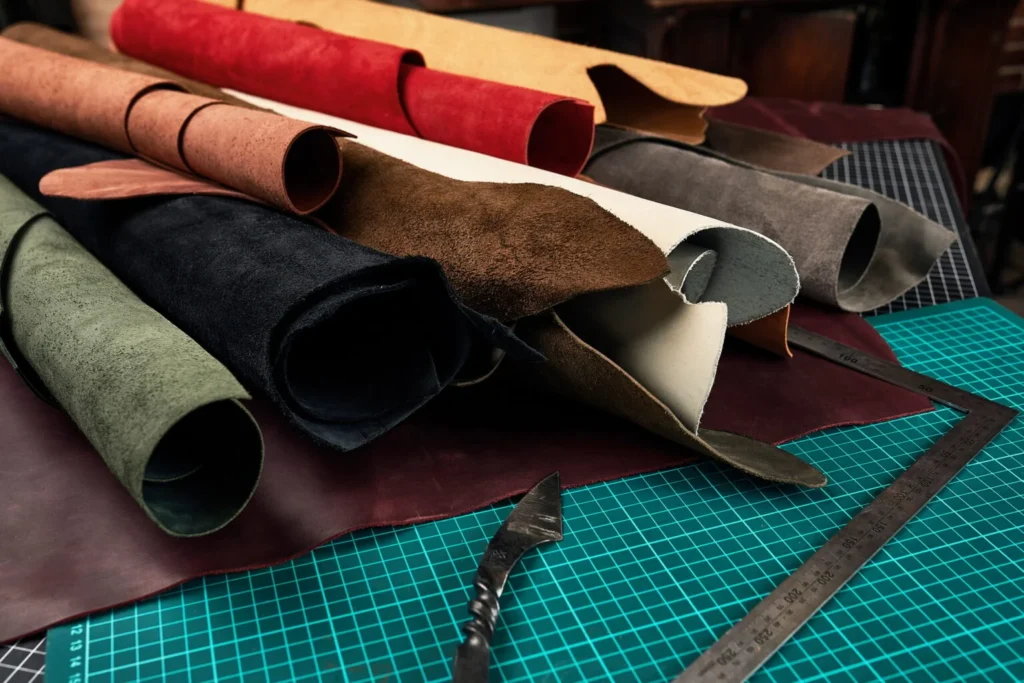 Diverse selection of Full-grain, Top-grain, and Eco-tanned leather hides in the Solton Leather sourcing warehouse for custom OEM projects.