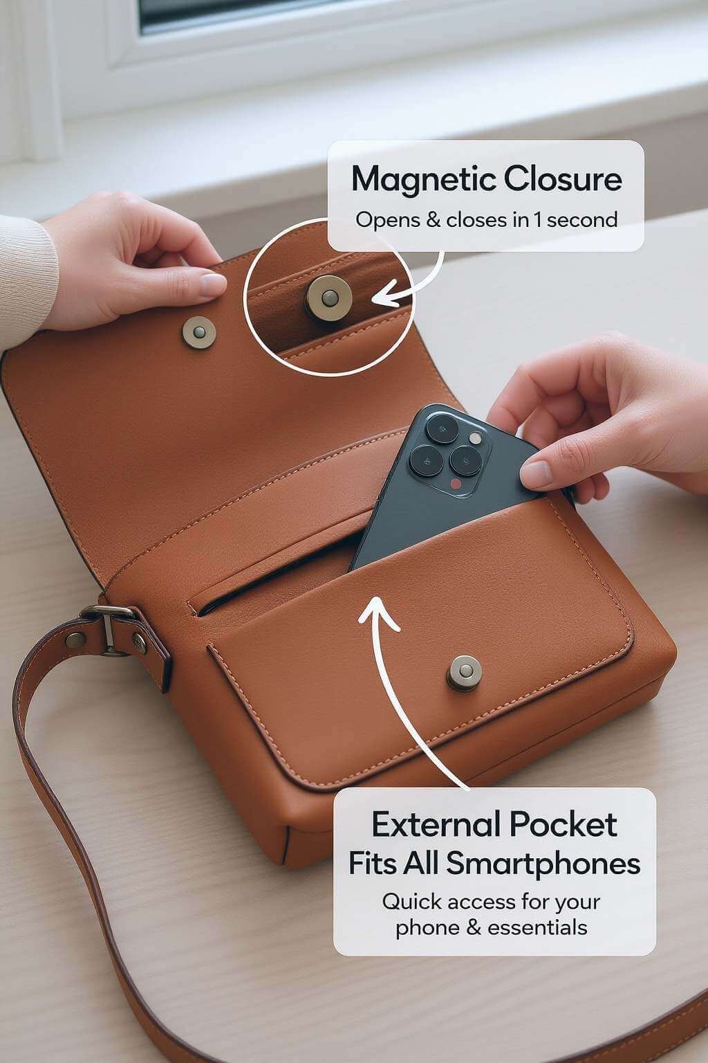 One-handed access design for leather bags featuring magnetic closures and quick-access pockets