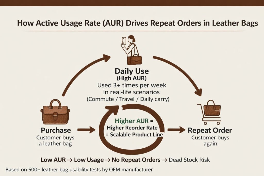 Active Usage Rate AUR infographic for B2B leather bag sourcing success
