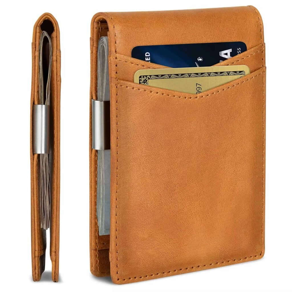 Slim leather money clip wallet with card slots
