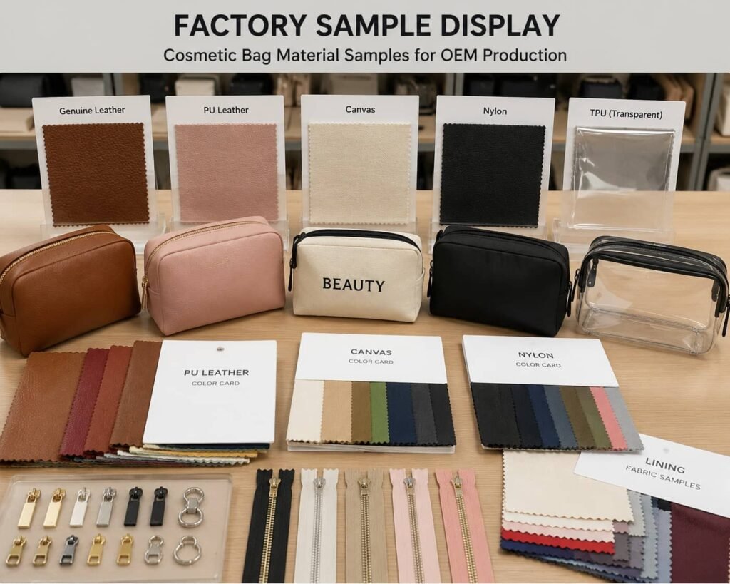 Best Cosmetic Bag Materials: How to Choose the Right Material for Your Custom Makeup Bags 7 cosmetic bag material samples for OEM production
