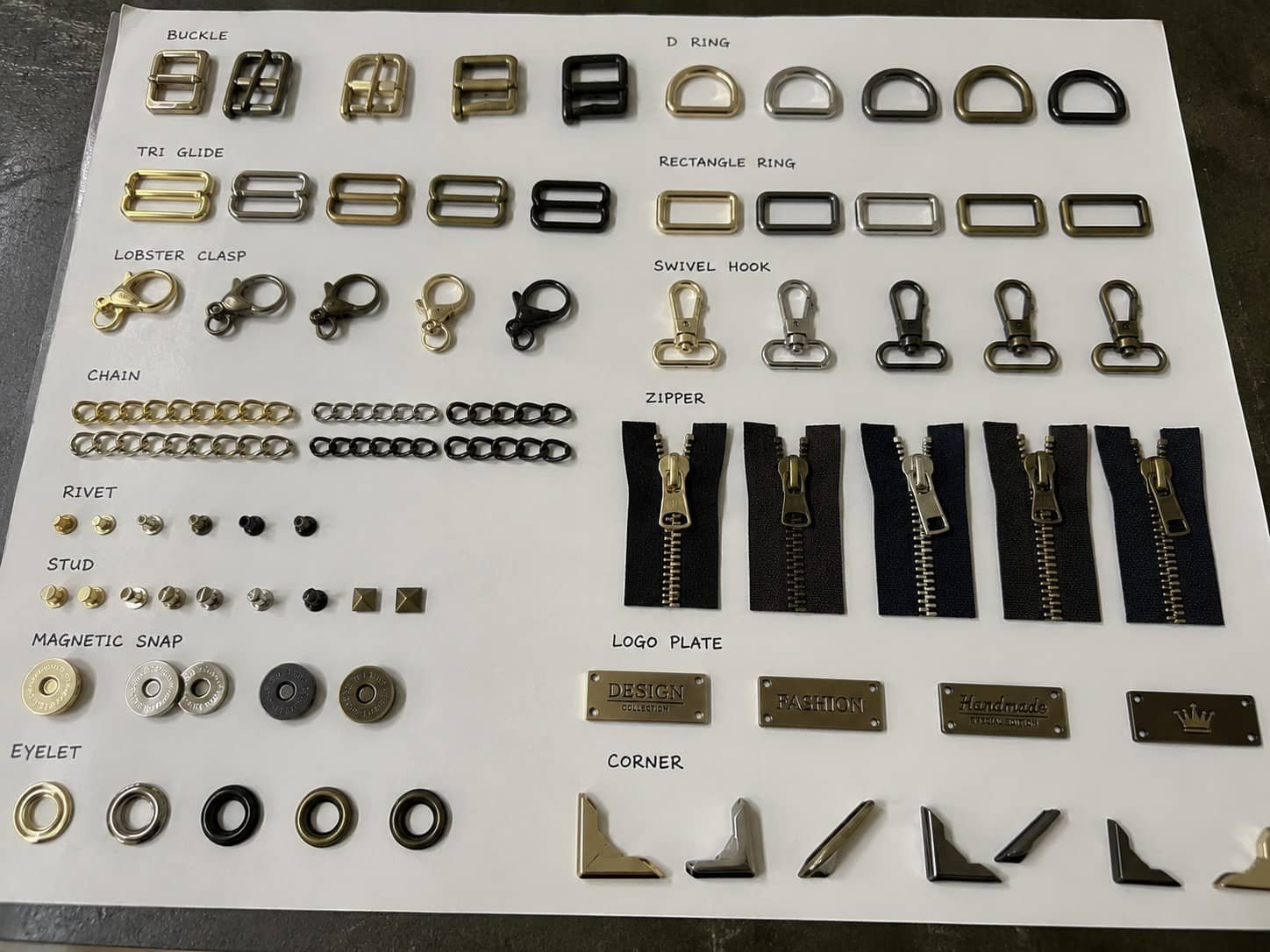 Materials Guide 5 YKK zippers, custom buckles, D-rings, and logo-engraved hardware in various finishes
