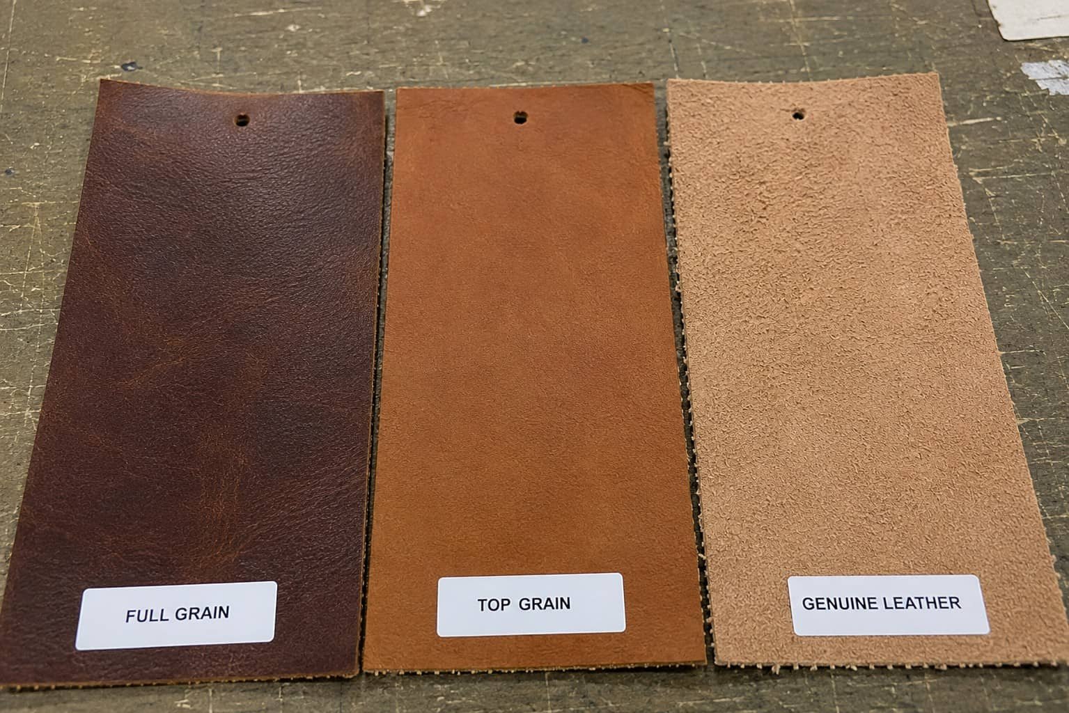 Materials Guide 2 Full-grain, top-grain, and genuine leather swatches side by side