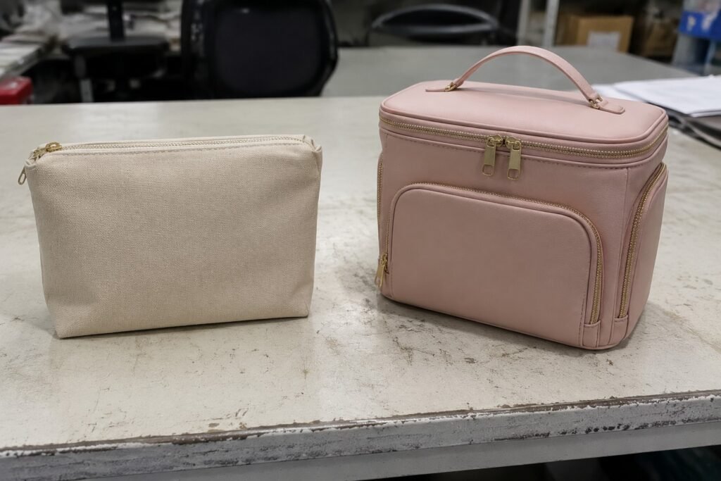 cosmetic bag design complexity comparison simple pouch versus structured multi-panel vanity case