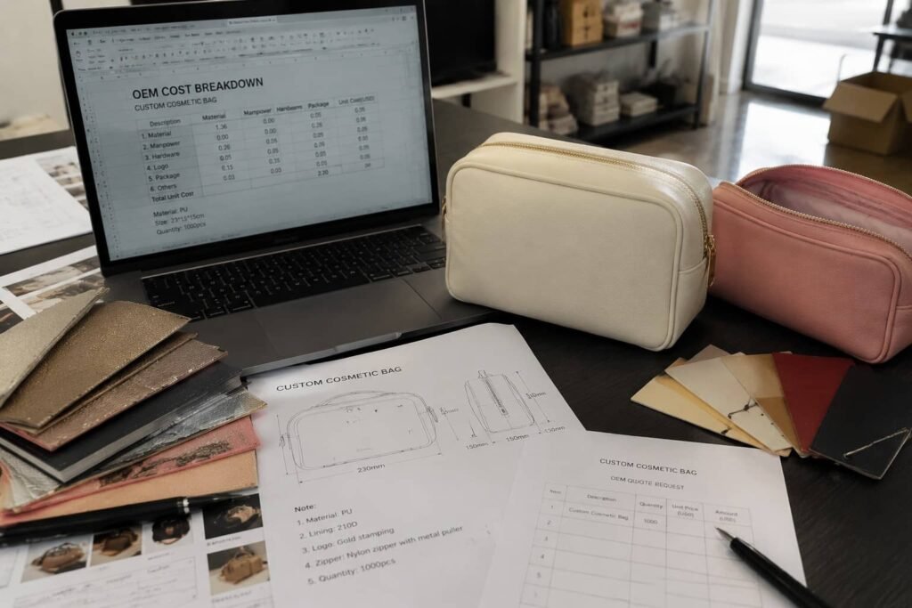 Custom Cosmetic Bag Cost Guide: How Materials, MOQ & Design Affect Your Quote 1 custom cosmetic bag cost breakdown materials labor hardware logo packaging