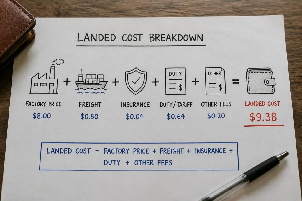 Leather wallet landed cost breakdown — factory price plus freight, insurance and duty