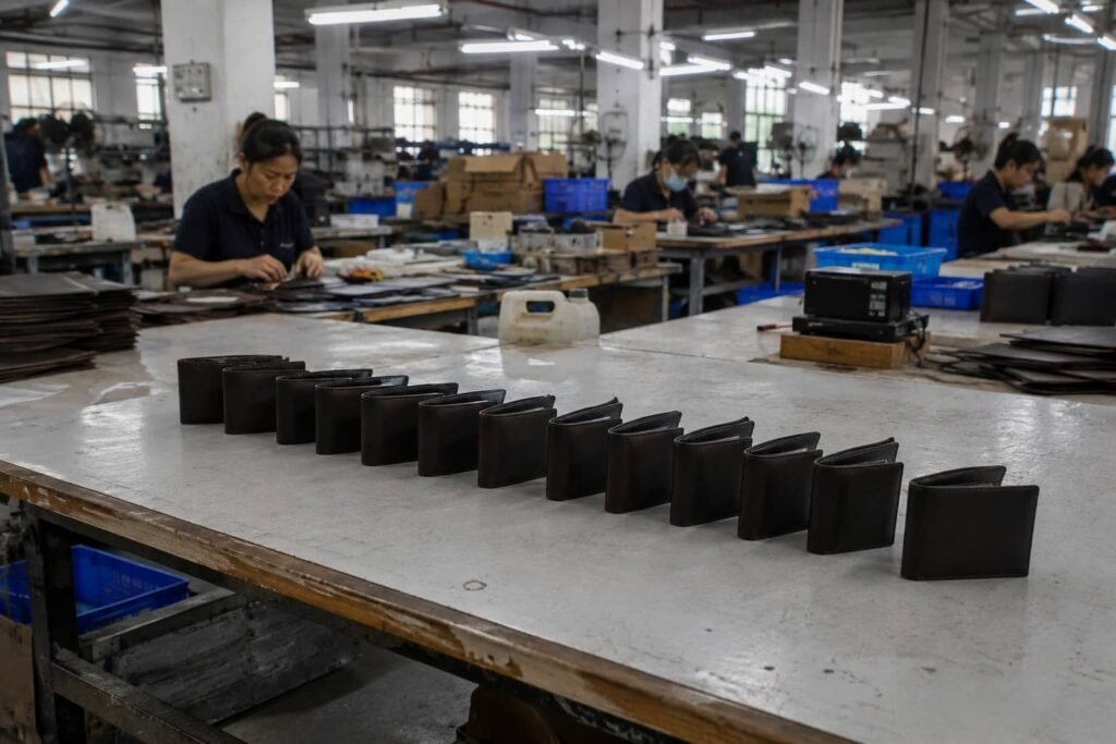 Leather wallet manufacturing process in a professional wallet factory