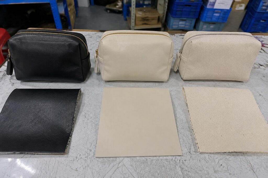cosmetic bag material cost comparison leather versus PU versus canvas OEM pricing