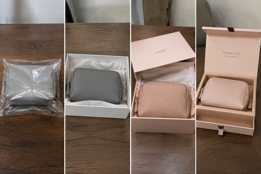 cosmetic bag packaging levels comparison basic poly bag branded gift box luxury unboxing presentation