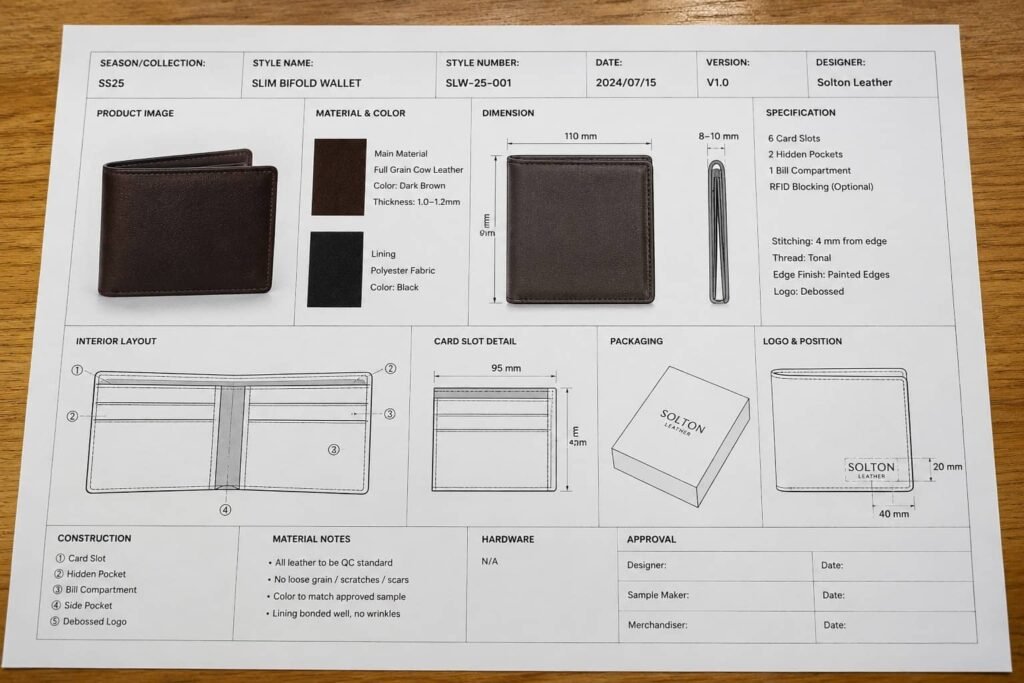 How Leather Wallets Are Made: A Complete Manufacturing Process 1 Wallet product specification and tech pack example for OEM manufacturing