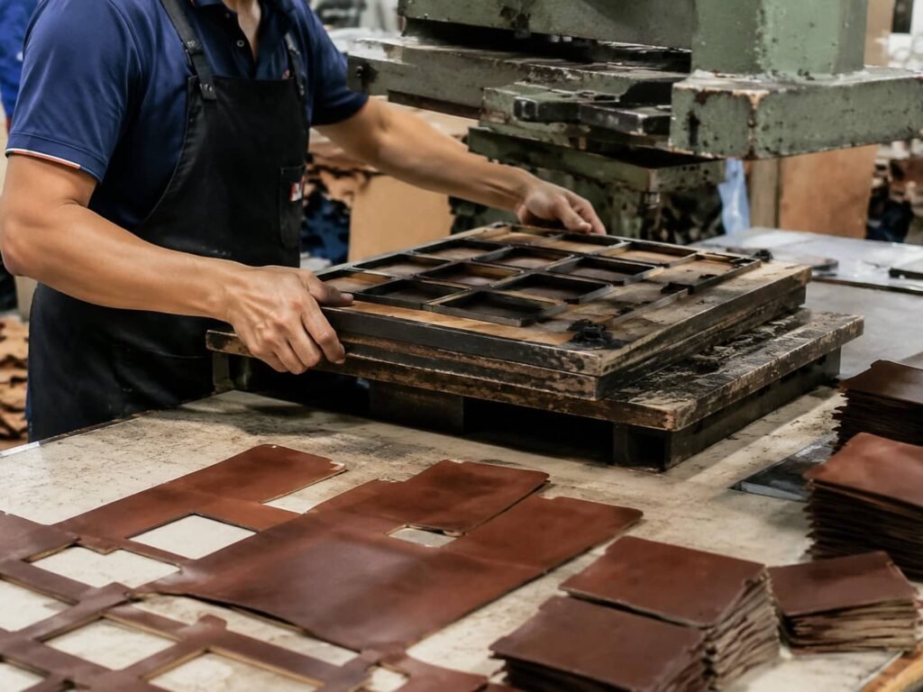 Cutting leather hides with a die press for wallet manufacturing