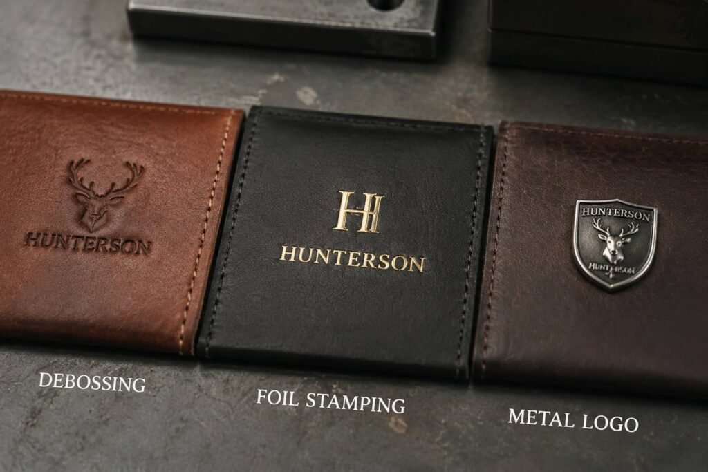 Custom leather wallet branding methods — debossing, foil stamping and metal logo