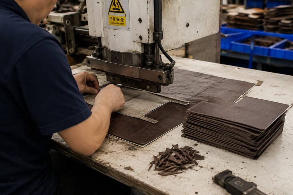 How Leather Wallets Are Made: A Complete Manufacturing Process 2 Precision leather cutting and skiving for wallet manufacturing