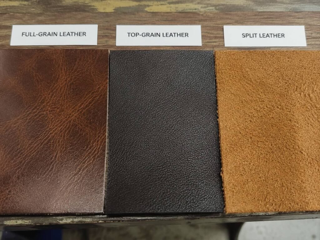 Full-grain vs top-grain vs split leather grain comparison for wallet manufacturing