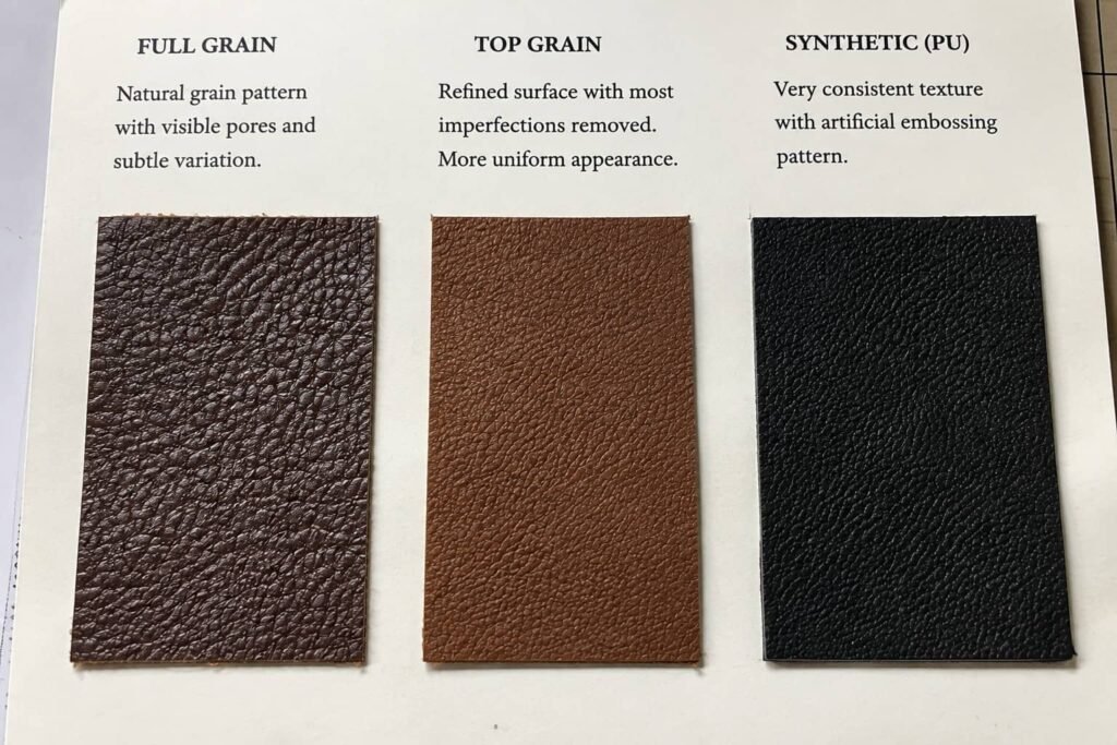 Leather Materials 23 Leather grain inspection showing natural texture and surface quality for leather materials