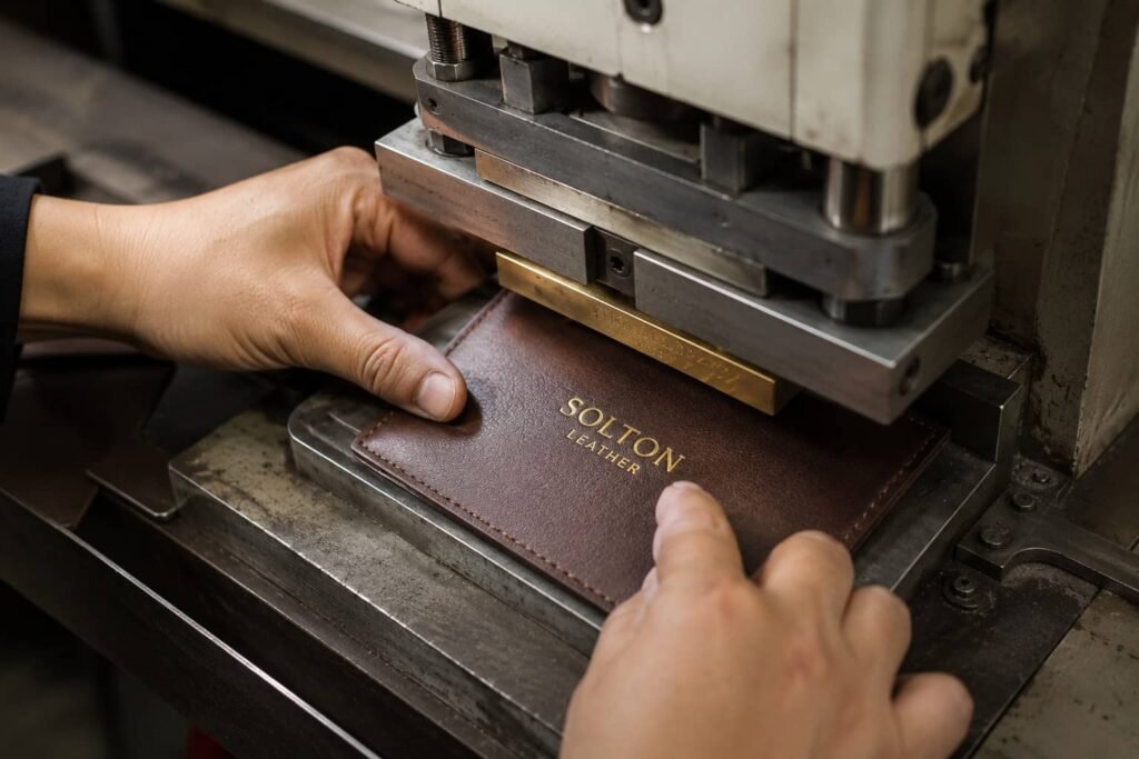 How Leather Wallets Are Made: A Complete Manufacturing Process 3 Custom logo debossing and foil stamping on leather wallet