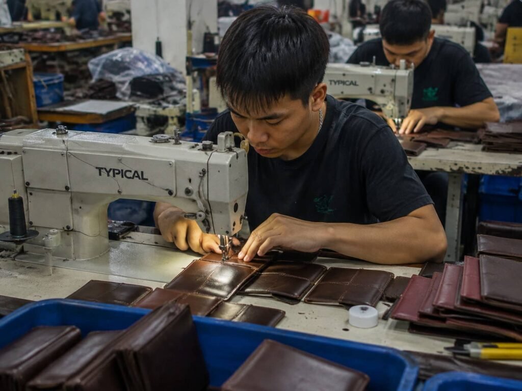 Skilled workers stitching leather wallets on the factory floor