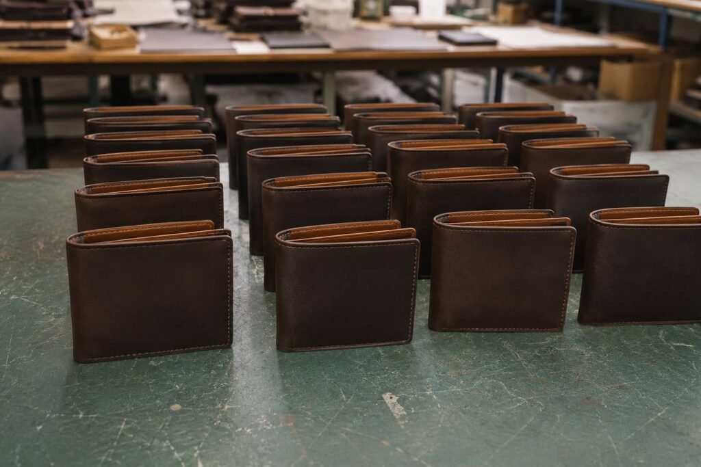 Leather Wallet MOQ: A B2B Guide to Minimum Order Quantities 7 Leather wallet MOQ concept with multiple identical wallets representing a minimum order