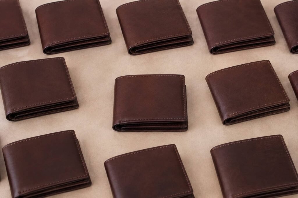 Leather Wallet MOQ: A B2B Guide to Minimum Order Quantities 1 Leather wallet MOQ concept — a single bifold leather wallet in the center surrounded by multiple identical wallet copies, illustrating the minimum order quantity a factory requires per order