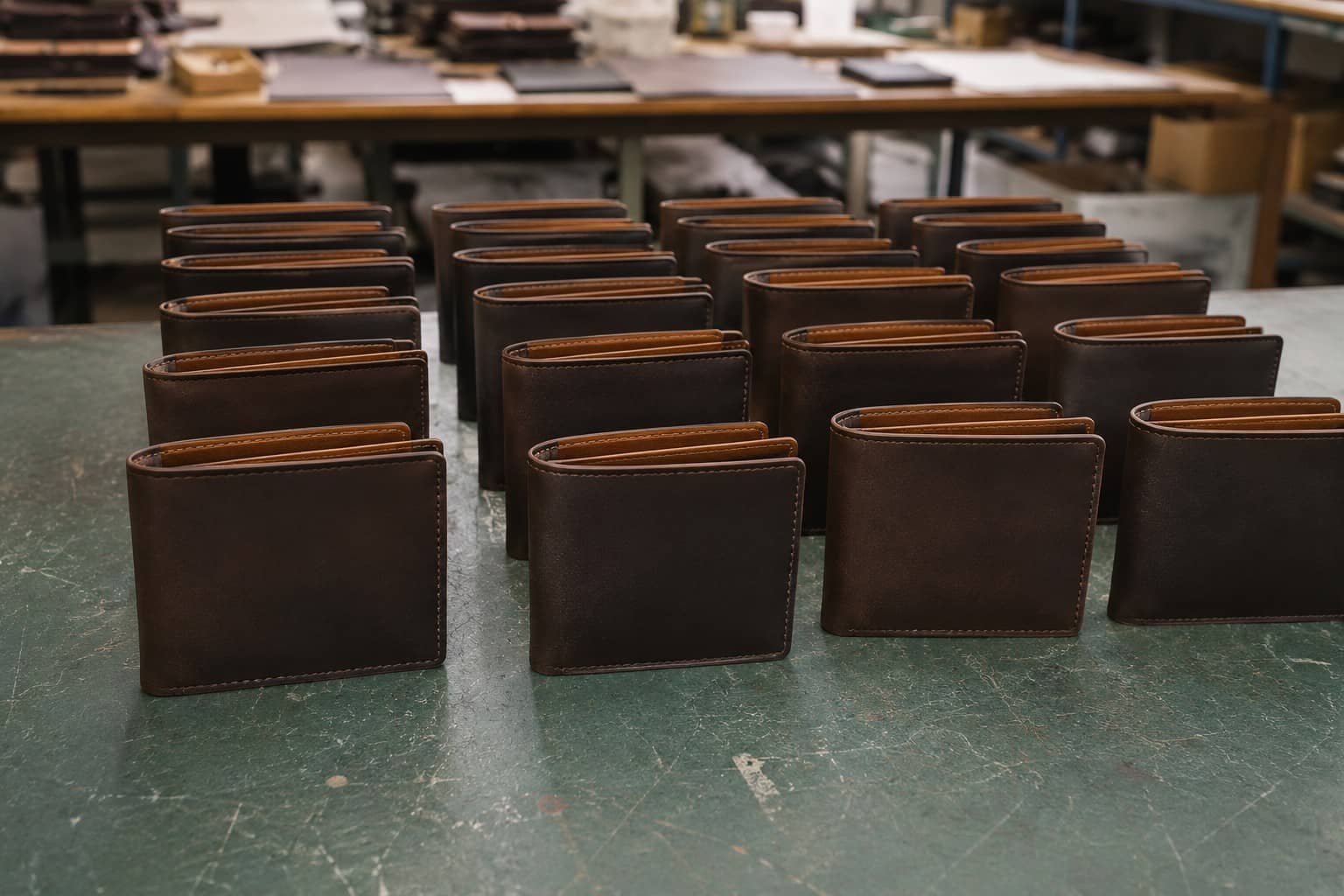 Leather wallet MOQ concept with multiple identical wallets representing a minimum order