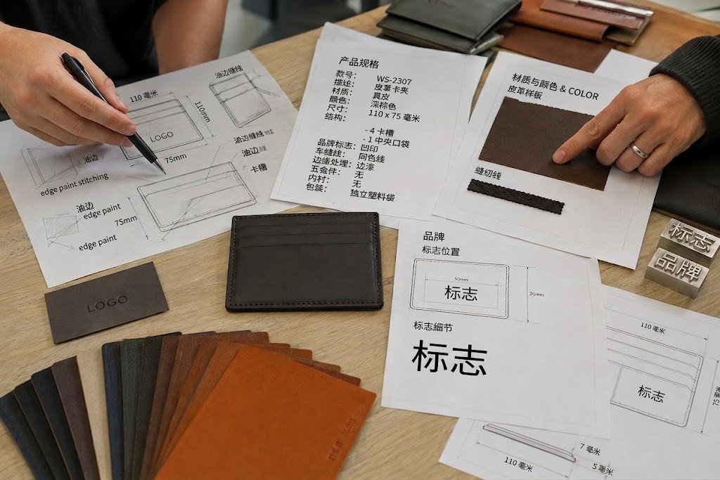 How to Choose a Leather Wallet Manufacturer: A B2B Buyer's Guide 1 Leather wallet sample and product specifications for custom manufacturing