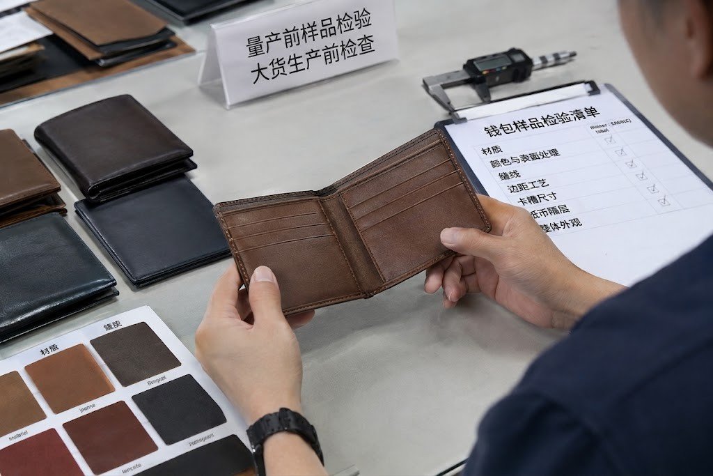 How to Choose a Leather Wallet Manufacturer: A B2B Buyer's Guide 3 Leather wallet sample inspection before bulk production