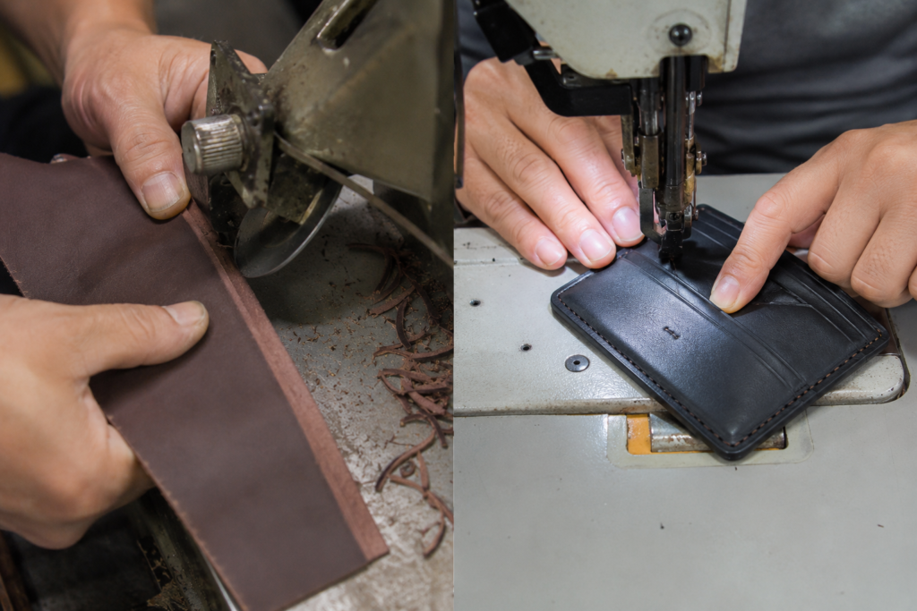 How to Choose a Leather Wallet Manufacturer: A B2B Buyer's Guide 2 Leather wallet skiving and stitching during manufacturing