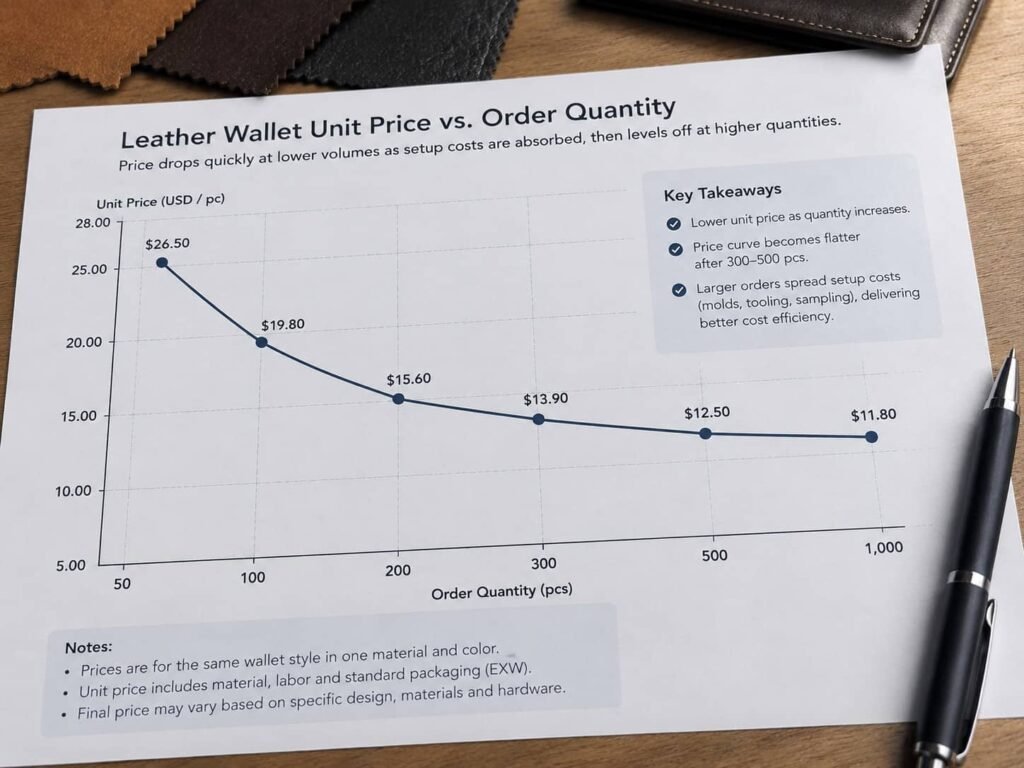 Leather Wallet MOQ: A B2B Guide to Minimum Order Quantities 6 Line graph plotting leather wallet unit price against order quantity, showing the price curve flattening after setup costs are absorbed