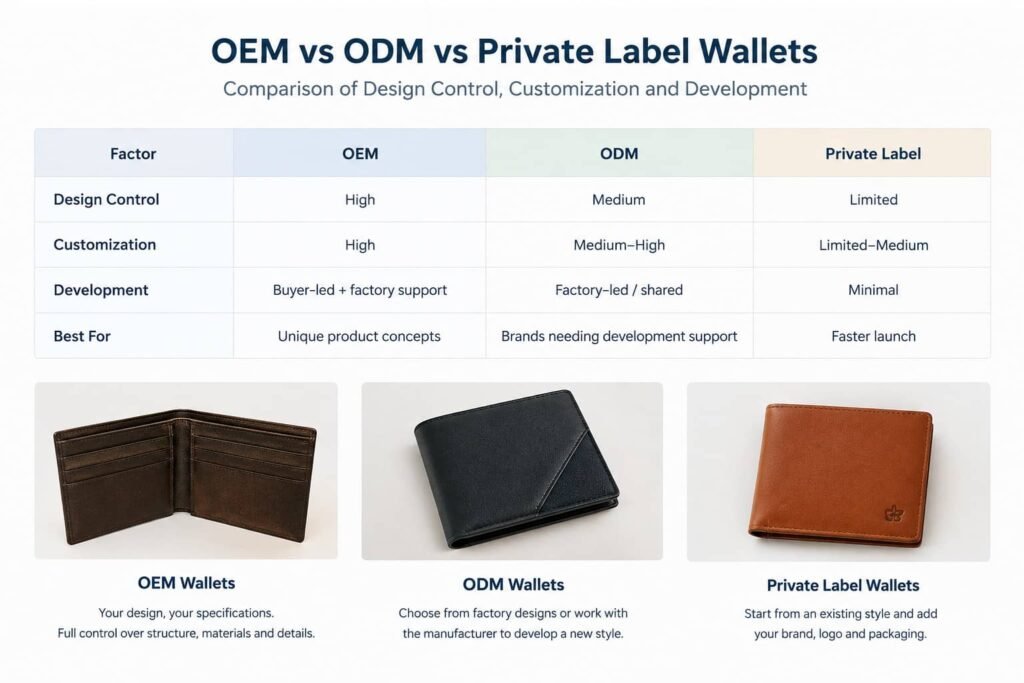 OEM vs ODM vs Private Label Wallets: Which Manufacturing Model Is Right for Your Brand? 1 OEM vs ODM vs private label wallets — comparison of design control, customization and development