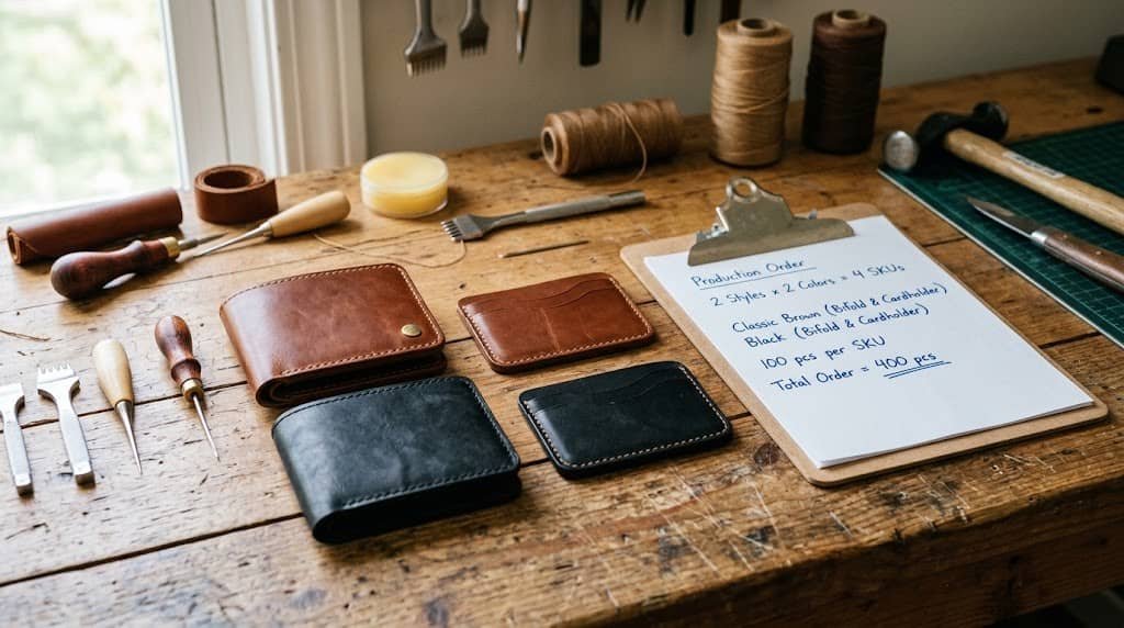 Leather Wallet MOQ: A B2B Guide to Minimum Order Quantities 4 Infographic showing how leather wallet MOQ per style and per color multiplies — 2 styles times 2 colors at 100 pieces each equals a 400-piece total order
