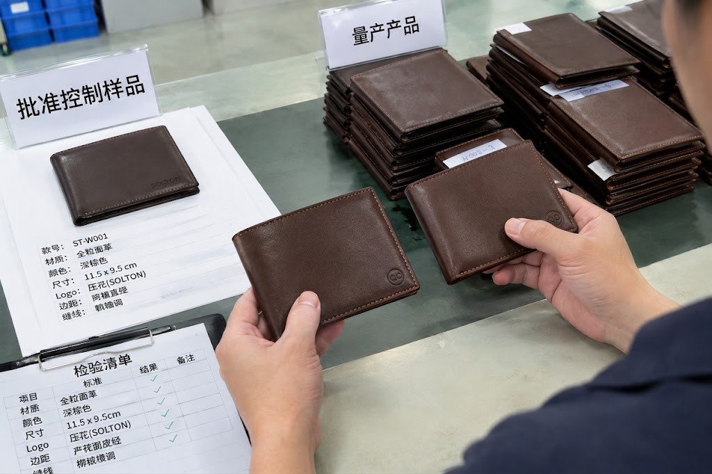 How to Choose a Leather Wallet Manufacturer: A B2B Buyer's Guide 4 Sealed control sample compared against bulk leather wallet production for consistency