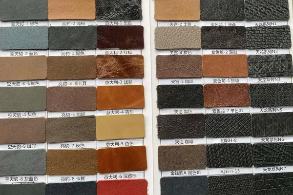 Pantone-matched leather color swatches with aniline, semi-aniline, and metallic finishes
